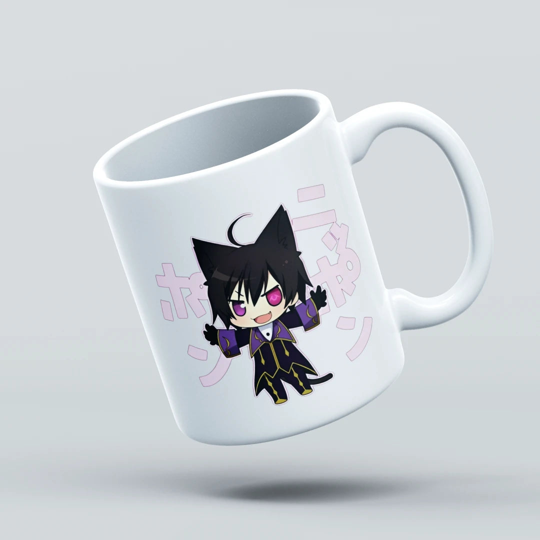 White mug with anime character design and text on a light gray background