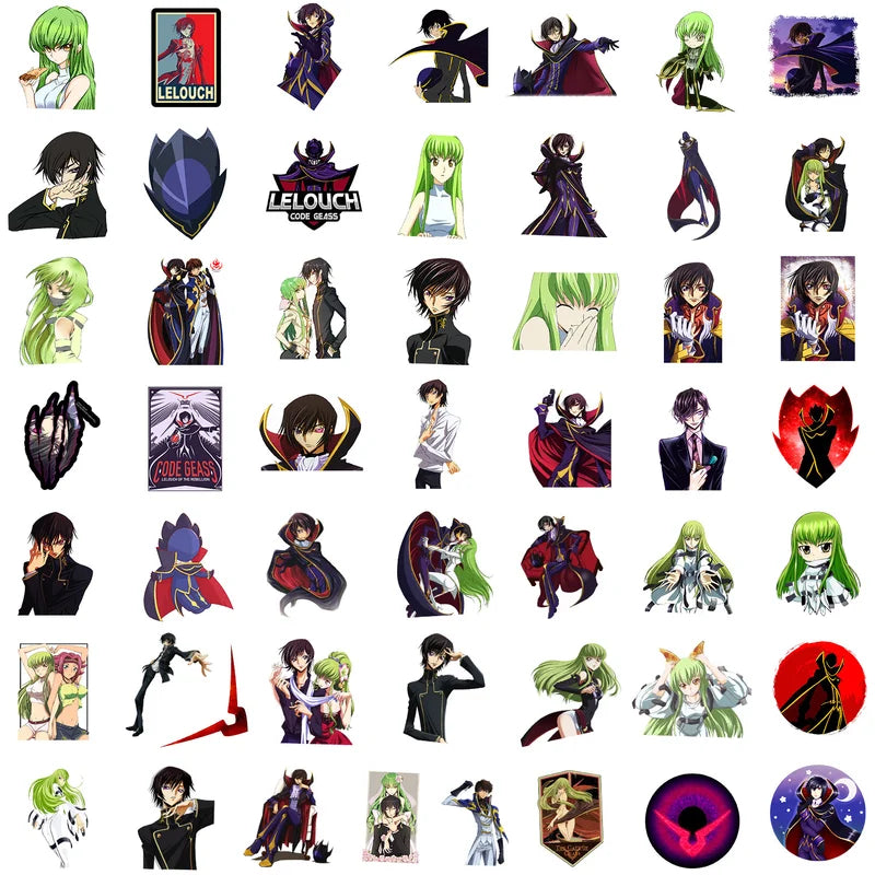 Collection of anime character illustrations and logos on a white background