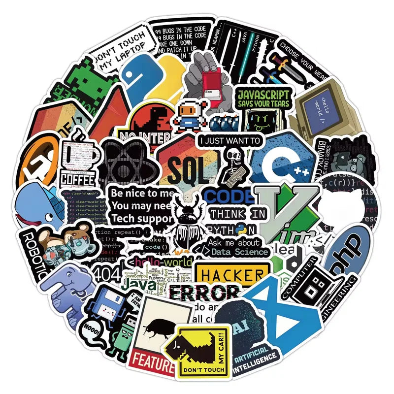 Collection of colorful computer-themed stickers on a white background