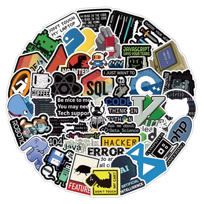 Collection of colorful computer-themed stickers on a white background