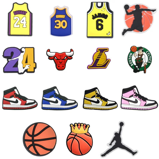 Collection of sports-themed pins including jerseys, shoes, and logos on a white background