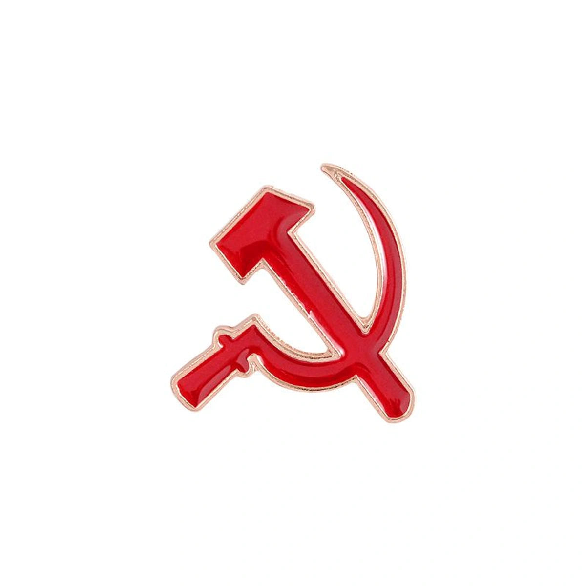 A red enamel hammer and sickle pin with a gold-tone metal border, isolated on a white background.