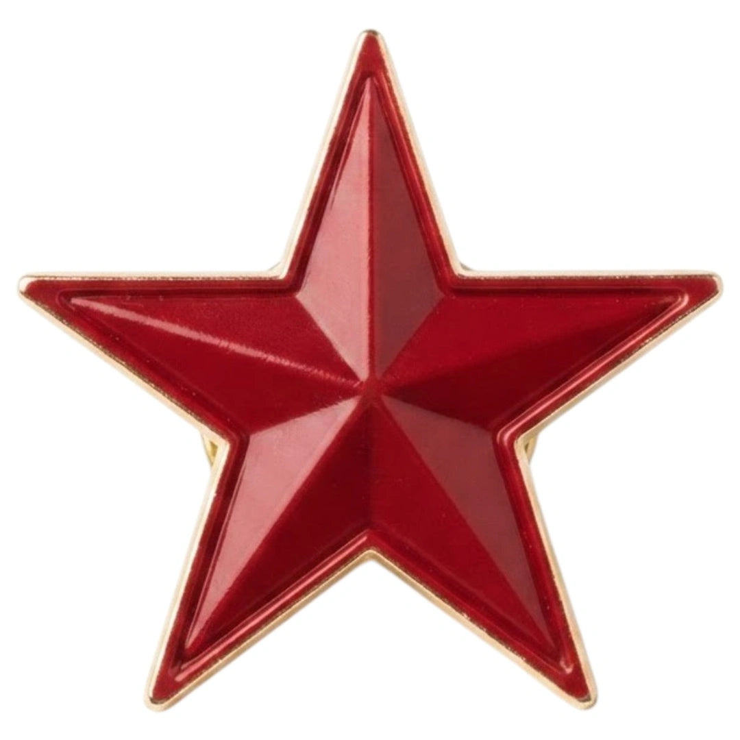 A glossy red five-pointed star badge with a gold metal outline, shown against a plain white background.