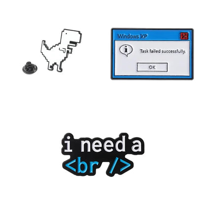 Pixelated character, Windows XP error dialog box, and text 'i need a <br />' on a white background
