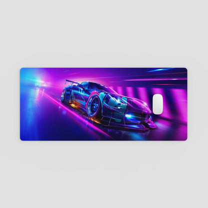 Neon-lit race car on a reflective surface with a gradient background