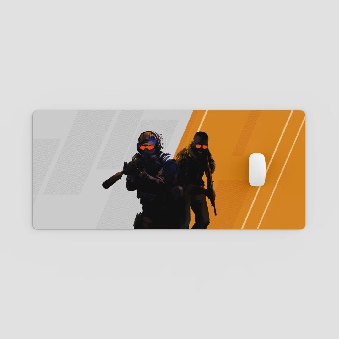 Mouse pad with two characters in tactical gear on a gray and orange background