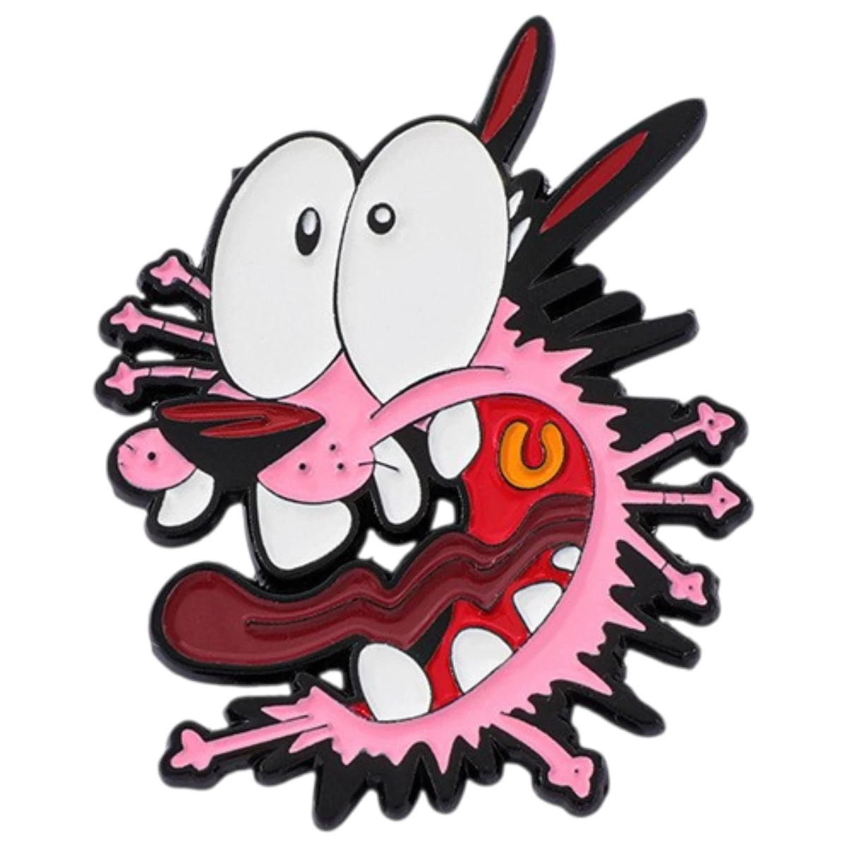 A cartoon enamel pin of a distorted, spiky cat character with large white eyes, pink and red features, and black outlines, shown on a plain white background.