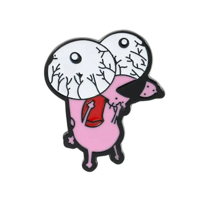 Enamel pin with a cartoon character wearing a red shirt and white mask on a white background