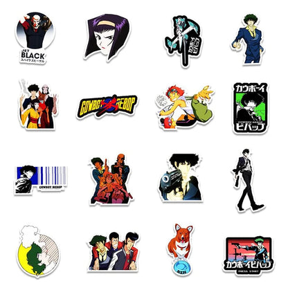 Collection of anime-style stickers featuring various characters and logos on a white background.