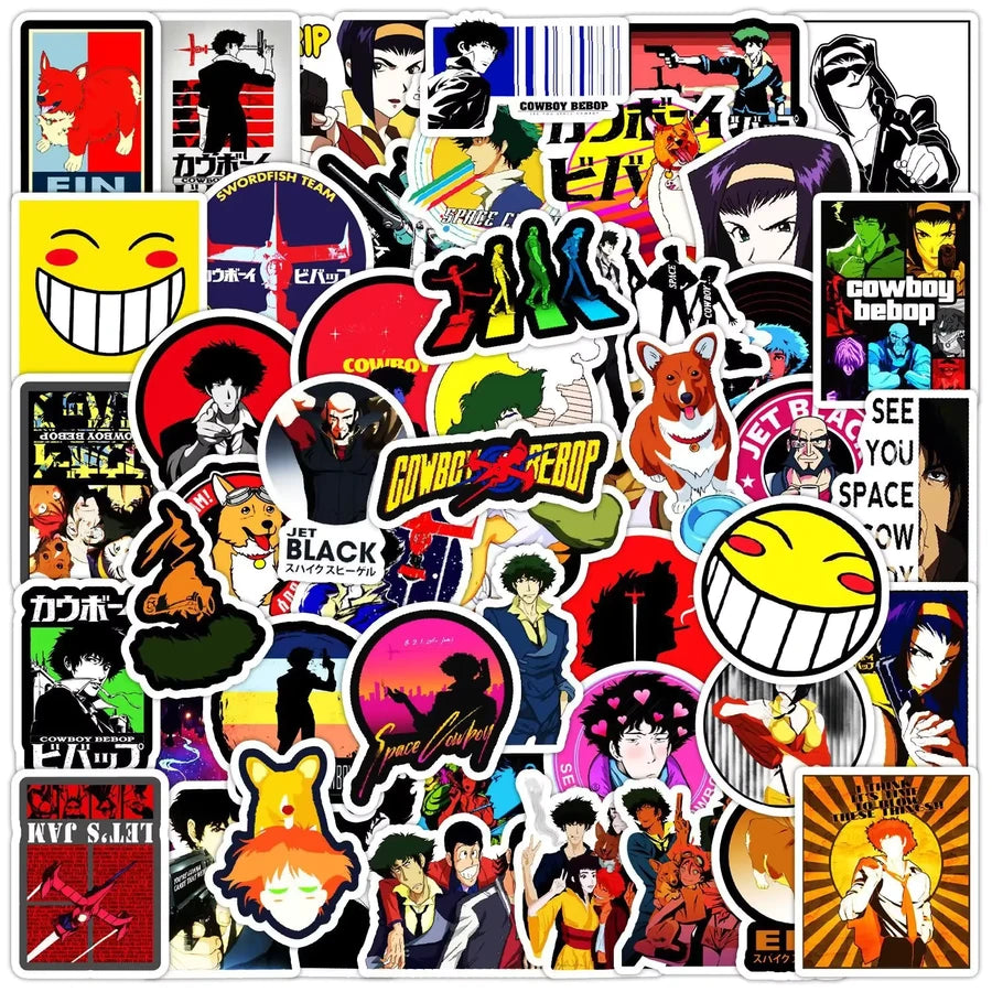 Collection of Cowboy Bebop-themed stickers with various characters and graphics.