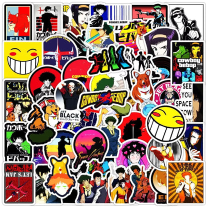 Collection of Cowboy Bebop-themed stickers with various characters and graphics.