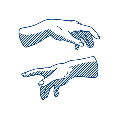 Tattoo of two hands reaching towards each other