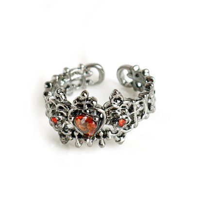 Crimson Heart with a Cross Gothic Style with Ornate Pattern Ring