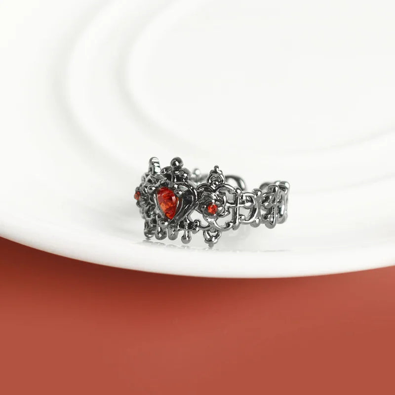 Crimson Heart Ring with a Cross Gothic Style with Ornate Pattern 