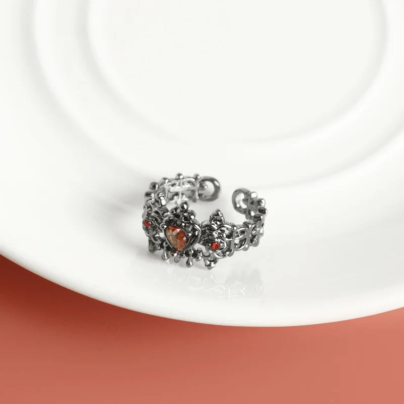 Crimson Heart Ring with a Cross Gothic Style with Ornate Pattern 