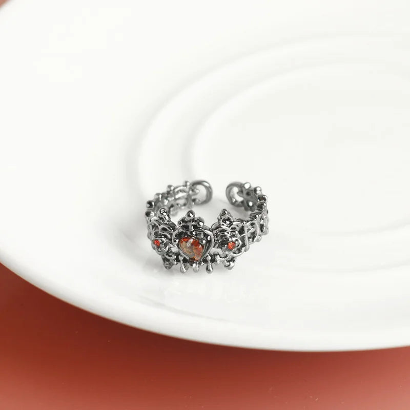 Crimson Heart Ring with a Cross Gothic Style with Ornate Pattern 