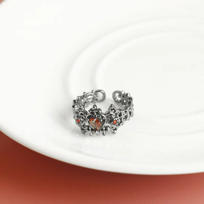 Crimson Heart Ring with a Cross Gothic Style with Ornate Pattern 