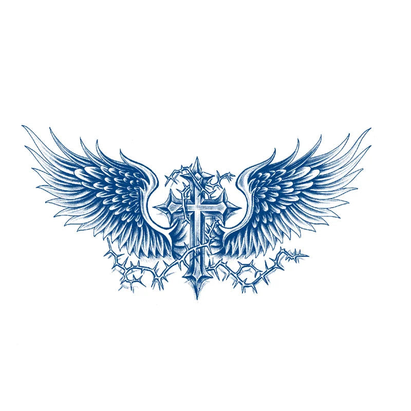 Tattoo Design of a cross with wings and thorns on a white background.