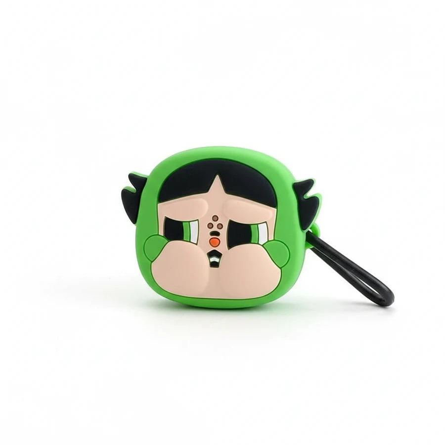 Green cartoon character air pod case on a white background