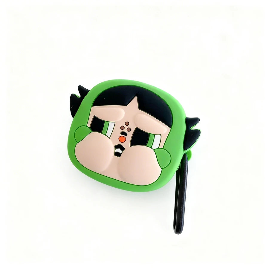 Cartoon character headband with green frame and black hair on a white background