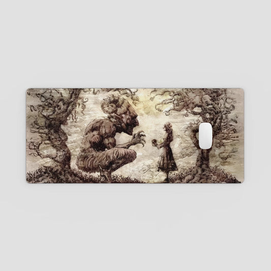 Decorative light switch cover with fantasy design of a creature and a person in a forest.