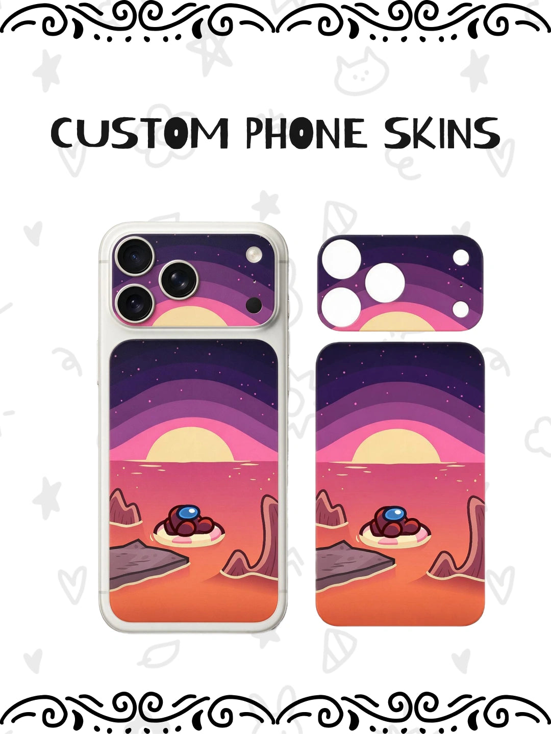 Custom phone skin designs displayed on a smartphone and a tablet, featuring a colorful retro sunset landscape with purple, pink, orange, and yellow hues. The image includes the text 'CUSTOM PHONE SKINS' at the top on a white background with decorative black borders.