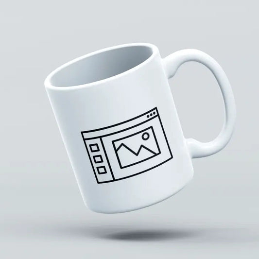 A white ceramic mug with a custom graphic design, depicting a web page with a camera icon, shown in mid-air against a grey background.