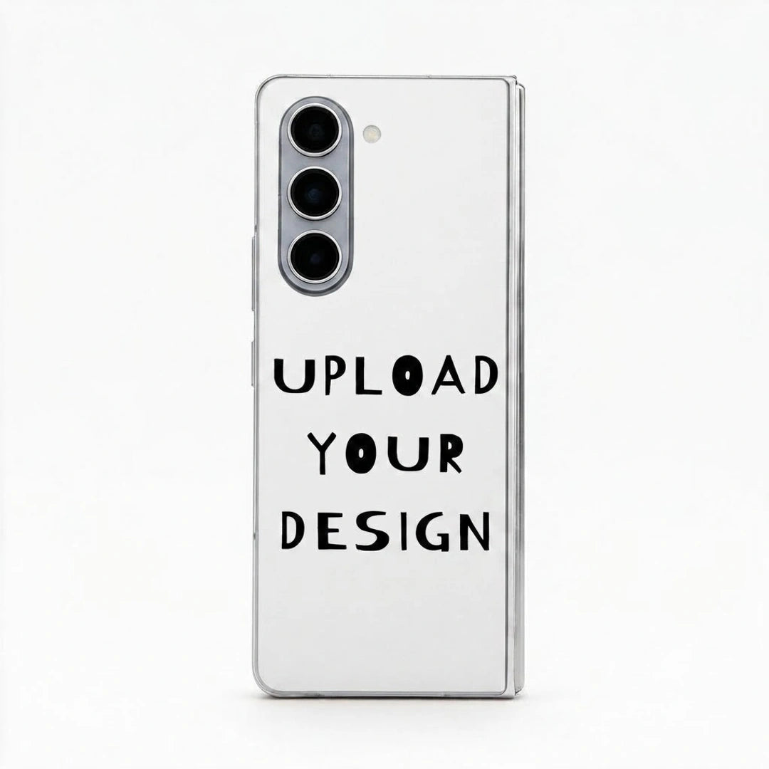 A clear smartphone case shown on a white phone, with the text 'UPLOAD YOUR DESIGN' printed in black on the back, set against a plain white background.