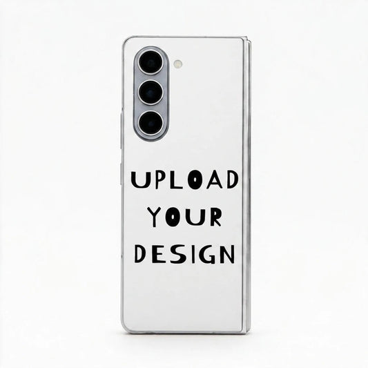 A clear smartphone case shown on a white phone, with the text 'UPLOAD YOUR DESIGN' printed in black on the back, set against a plain white background.