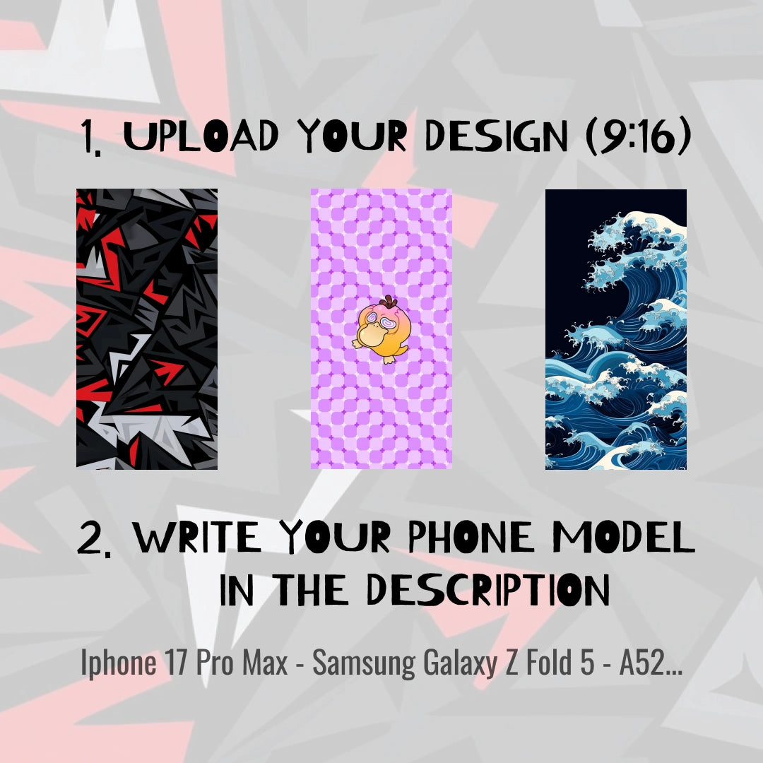 Promotional graphic for a customizable phone skin or wallpaper design service. The text reads '1.