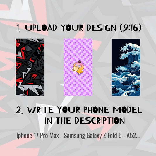 Promotional graphic for a customizable phone skin or wallpaper design service. The text reads '1.
