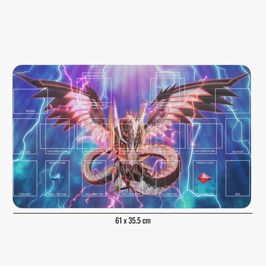 Dragon-themed playmat with lightning effects on a white background