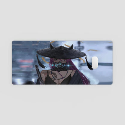 Phone case with an anime-style character wearing a black hat and mask on a light gray background