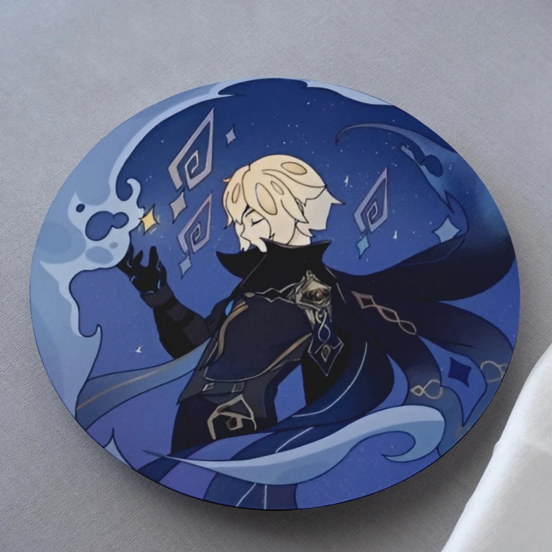 Circular product with an animated character holding a glowing object on a gray background