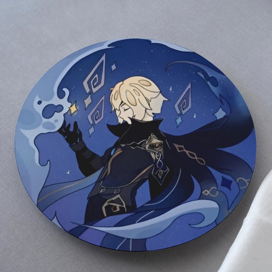 Circular product with an animated character holding a glowing object on a gray background