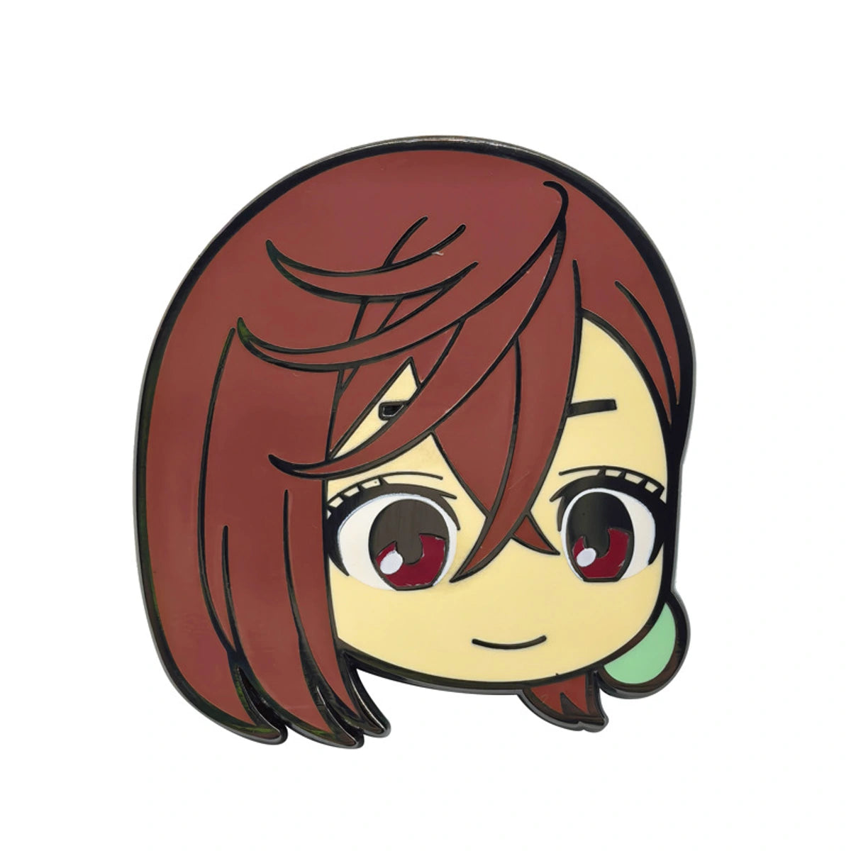 A chibi-style anime character head graphic or sticker featuring short reddish-brown hair, large red eyes, a pale yellow face, and a small mint green earring on a plain white background.