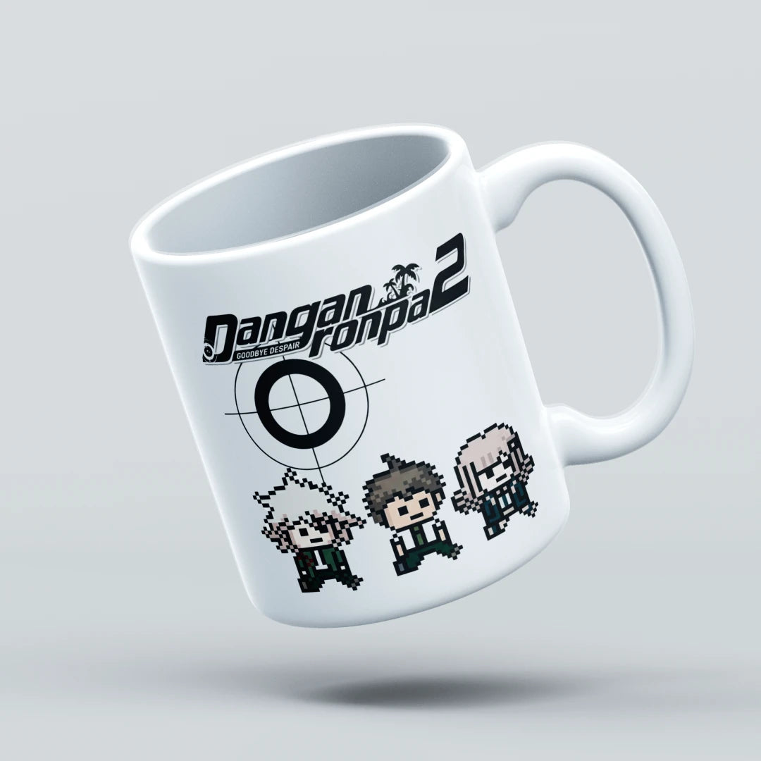 White mug with 'Danganronpa 2' characters and logo on a light gray background