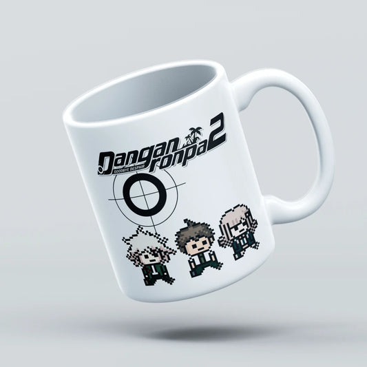 White mug with 'Danganronpa 2' characters and logo on a light gray background