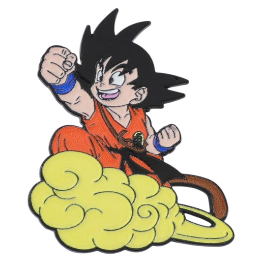 A cartoon enamel pin of Goku riding his yellow cloud companion, with a white background.
