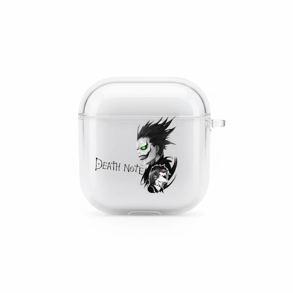 Clear case with 'Death Note' design featuring a character with spiky hair and green eyes on a white background.