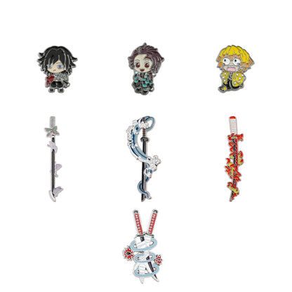 A set of seven anime-themed enamel pins inspired by Demon Slayer, featuring character chibi designs and their corresponding swords, arranged on a plain white background.