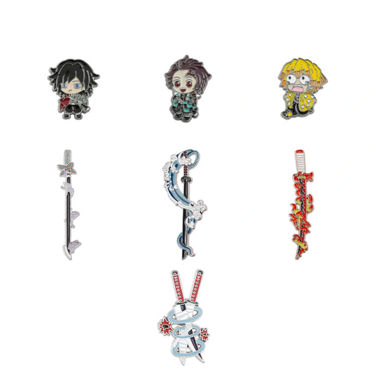 A set of seven anime-themed enamel pins inspired by Demon Slayer, featuring character chibi designs and their corresponding swords, arranged on a plain white background.