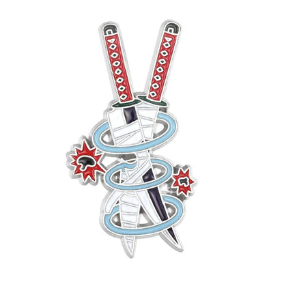 An anime collectible enamel pin depicting the swords from Attack on Titan, featuring Mikasa, Armin, and Levi with their signature red and white patterns, blue and white energy swirls, and red starburst accents on a white background.