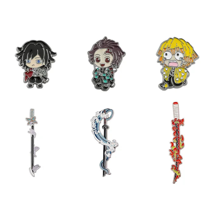 Set of anime character pins with corresponding weapons on a white background