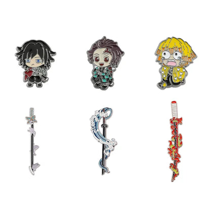 Set of anime character pins with corresponding weapons on a white background