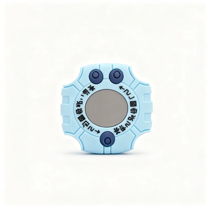 Blue circular object with two black buttons on a white background
