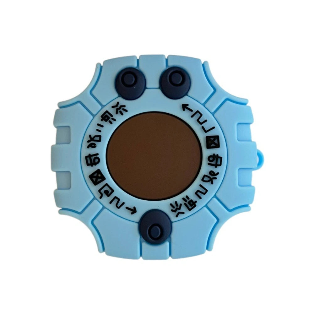 Blue circular object with brown center and black buttons on a white background