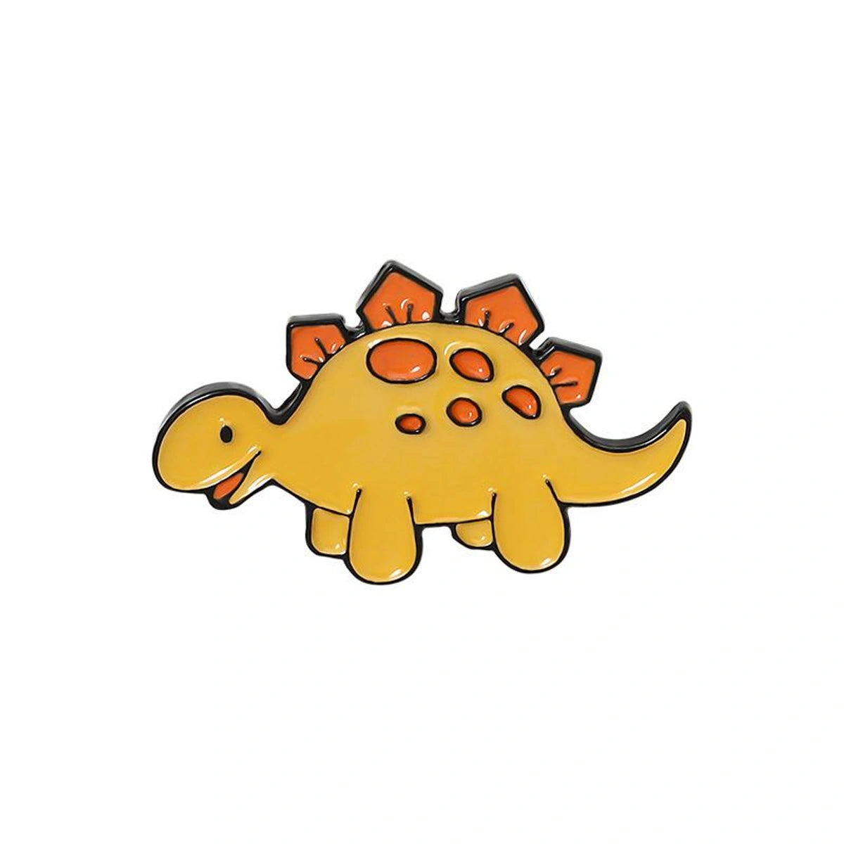 Yellow dinosaur-shaped pin with orange spikes on a white background