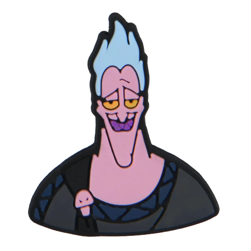 Enamel pin of a cartoon character with blue hair and purple lips on a white background