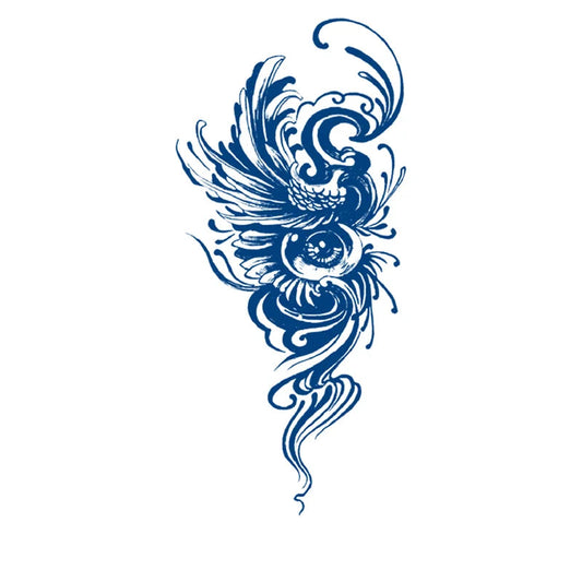 Blue tattoo design of a stylized eye on a white background